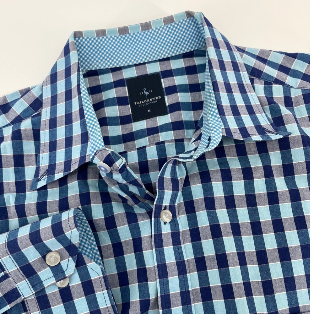 Tailorbyrd Button Down Shirt Mens XL Blue Gingham Plaid Long Sleeve Flamingo